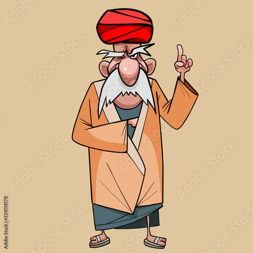 cartoon old man in a turban strictly threatens a finger