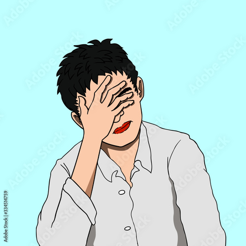 Anxiety concept. Young student boy is stressed from his study and family. He is sad in personal matters. Vector illustration.