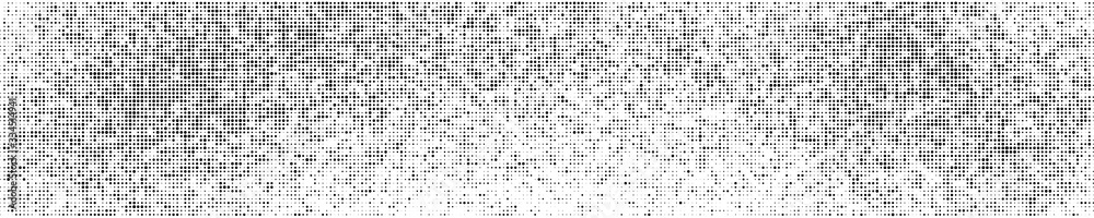 Black Halftone Texture On White Background. Modern Dotted Futuristic Backdrop. Fade Noise Overlay. Wide horizontal long banner for site. Pop Art Style. Vector Illustration, Eps 10.