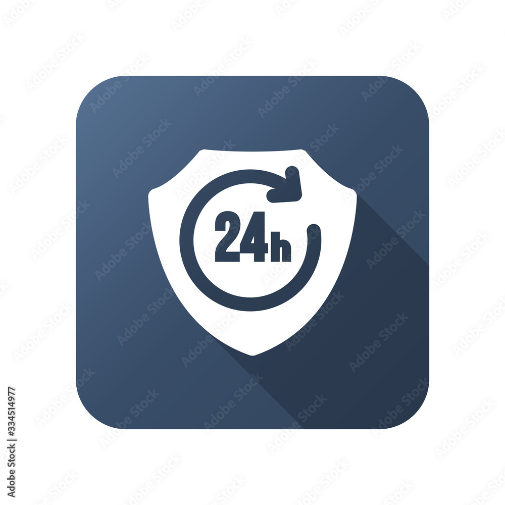 Protected 24-hour Icon. Flat Design. Security Concept with a Shield and a clock. Isolated Illustration. App Symbol or UI element. Protected 24-hour Icon. Flat Design. Security Concept with a Shield and a clock. Isolated Illustration. App Symbol or UI element.