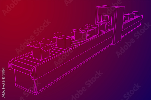 Conveyor belt section with pack boxes. Factory production equipment. Wireframe low poly mesh vector illustration