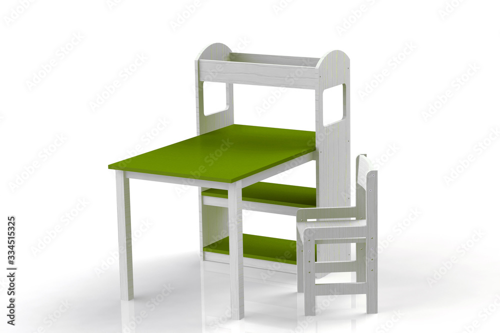 Furniture for children. Table with whatnot. Highchair. 3D render. Furniture for children. Table with whatnot. Highchair. 3D render.
