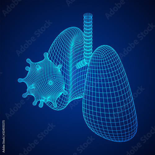 Corona Virus and Lungs with trachea bronchi internal organ human. Covid virus pulmonology medicine science concept. Wireframe low poly mesh vector illustration.