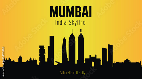 Mumbai India city silhouette and yellow background. Mumbai India Skyline.	