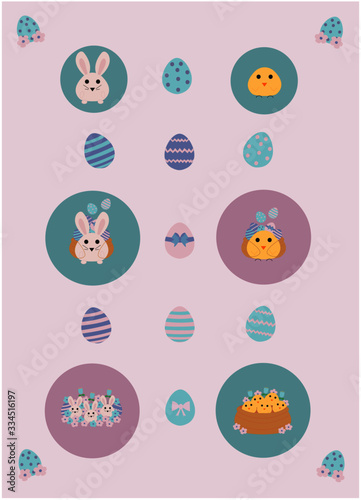 Doodles icons set for easter with little bunnies and chicks