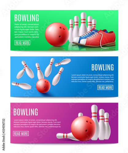 Set of banners for bowling with skittles and bowl realistic vector illustration.
