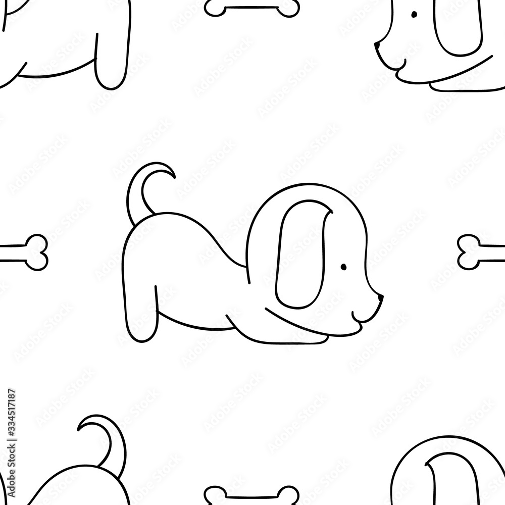 Simple seamless pattern, black and white cute kawaii hand drawn dog doodles, coloring pages Simple seamless pattern, black and white cute kawaii hand drawn dog doodles, coloring pages