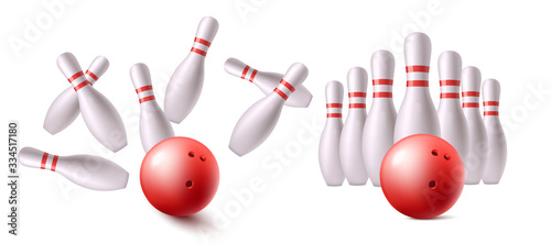 Red bowling ball before and after hitting strike with realistic white pins