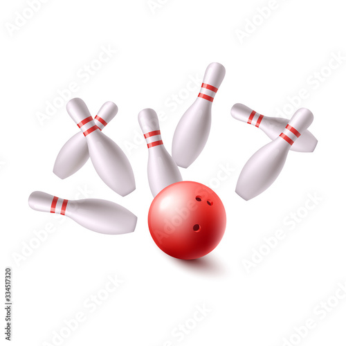 Bowling ball flying into group of pins, realistic vector illustration isolated.