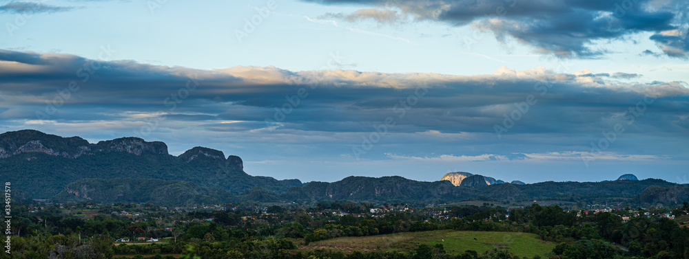 panorama landscape with mountains and valley at sunset in vinales, cuba
