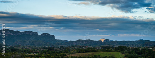 panorama landscape with mountains and valley at sunset in vinales, cuba