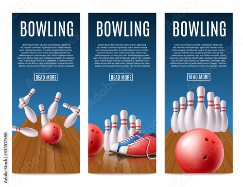 Set of banners or flyers for bowling with skittles realistic vector illustration.