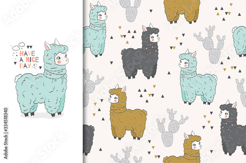 Cute little baby lama card and seamless pattern set. Cartoon Hand drawn.