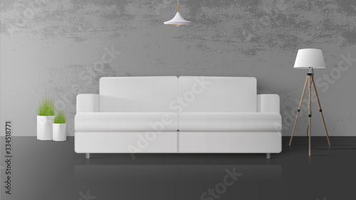 Modern loft style interior. Room with concrete walls. White sofa, floor lamp with white lampshade, pot of grass. Vector illustration