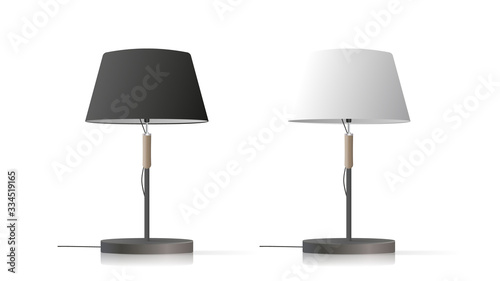 Set of decorative table lamps. Original model with a silk lampshade and a metal leg. For living room, bedroom, study and office. Vector illustration on a white background. photo