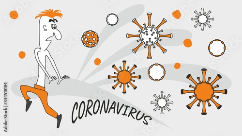A man in fear flees from a coronavirus. A joking caricature. Cartoon. Eps file.