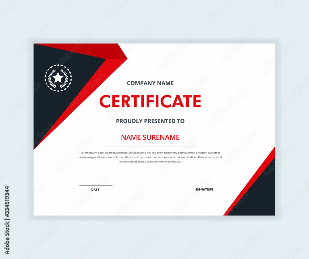 Creative certificate of appreciation award template with black & red color shapes and badge diploma vector template Creative certificate of appreciation award template with black & red color shapes and badge diploma vector template