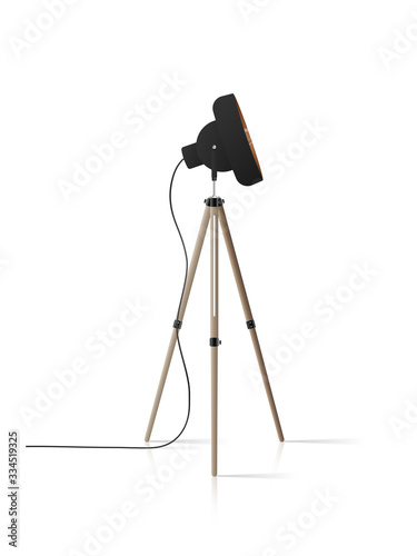 Decorative floor lamp tripod. Original model with black metal lampshade and wooden legs. For living room, bedroom, study and office. Vector illustration on a white background.