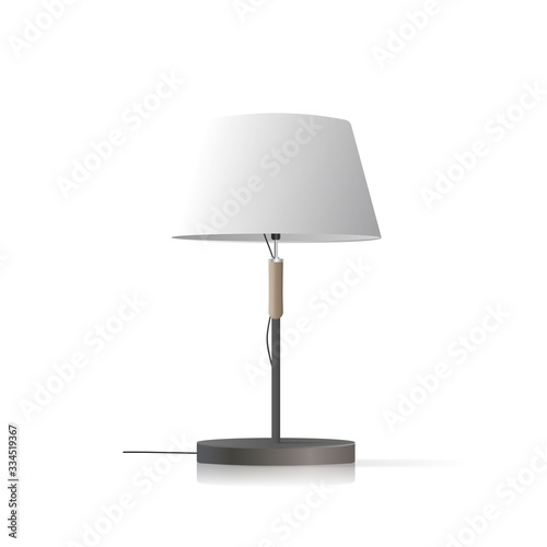 Decorative table lamp. Original model with a white silk lampshade and a metal leg. For living room, bedroom, study and office. Vector illustration on a white background.