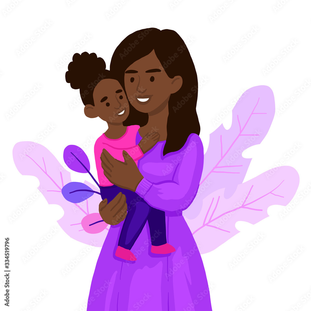 african american mom hugging her child girl. Mother embracing little  daughter and expressing love and care. Lovely cartoon characters isolated  on white background. Stock Vector | Adobe Stock