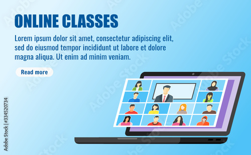 Online Class Post Story Notice Infographic Template. Stay School Learn Study from Home via Teleconference or Web Video Conference Call Display Screen TV. Emergency School, College & Course Closure