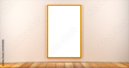 Fototapeta Naklejka Na Ścianę i Meble -  A blank poster in a frame hangs on a wall in a room. Mock up. 3D render.