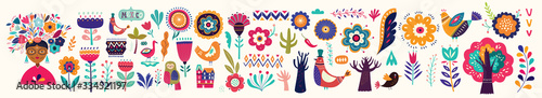 Beautiful colorful cartoon floral collection with leaves, flowers, tree and birds. Mexican ethnic pattern 