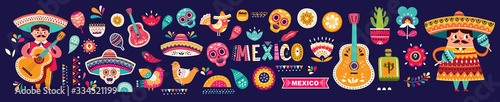 Big colorful ethnic collection with traditional Mexican symbols and decorative folk elements. Mexico pattern