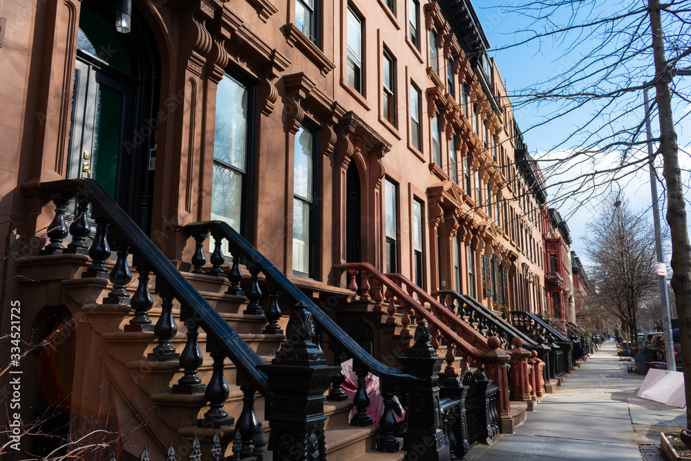 A Row of Old Colorful Brownstone Townhouses in Fort Greene Brooklyn New York