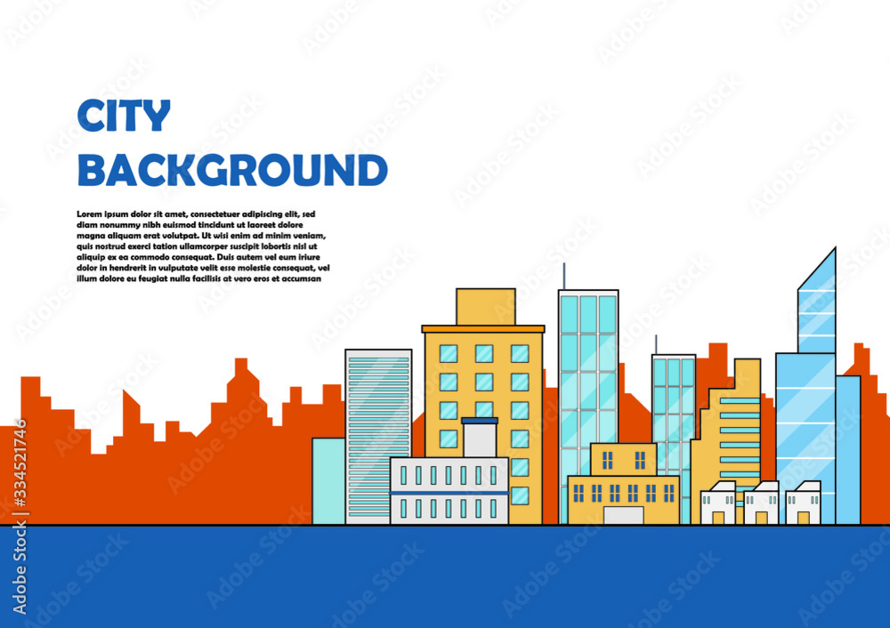city building in flat color illustration vector, panoramic cityscape design for background  