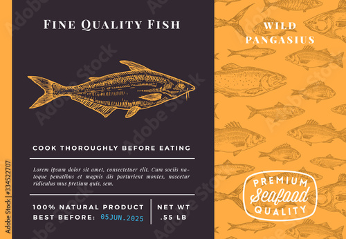 Premium Quality Pangasius or Basa Abstract Vector Packaging Design or Label. Modern Typography and Hand Drawn Sketch Fish Pattern Background Seafood Layout