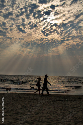 Sunset on Beach In Goa in India, Silhouette, clouds