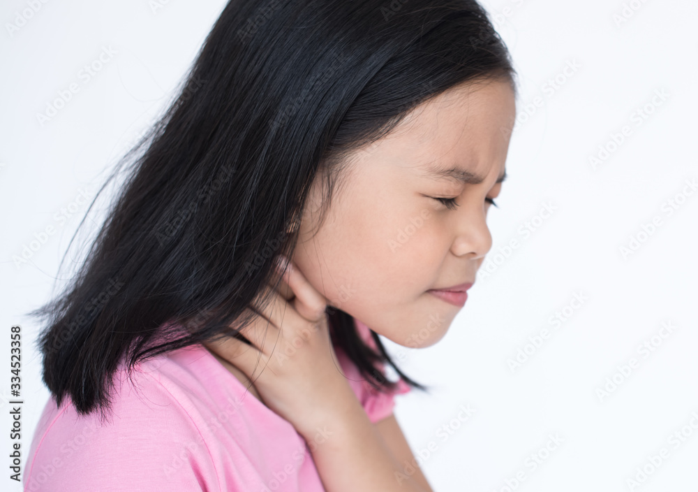 asia little girl feeling unwell and sore throat. as symptom for cold or bronchitis, virus, Coronavirus, (2019-nCoV). healthcare concept. little sick girl sore throat isolated on white background. asia little girl feeling unwell and sore throat. as symptom for cold or bronchitis, virus, Coronavirus, (2019-nCoV). healthcare concept. little sick girl sore throat isolated on white background.