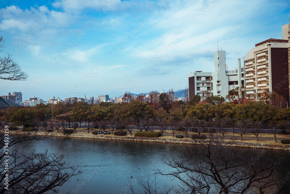 Hiroshima, Japan - January 09, 2020: Panoramic View to the Evening City