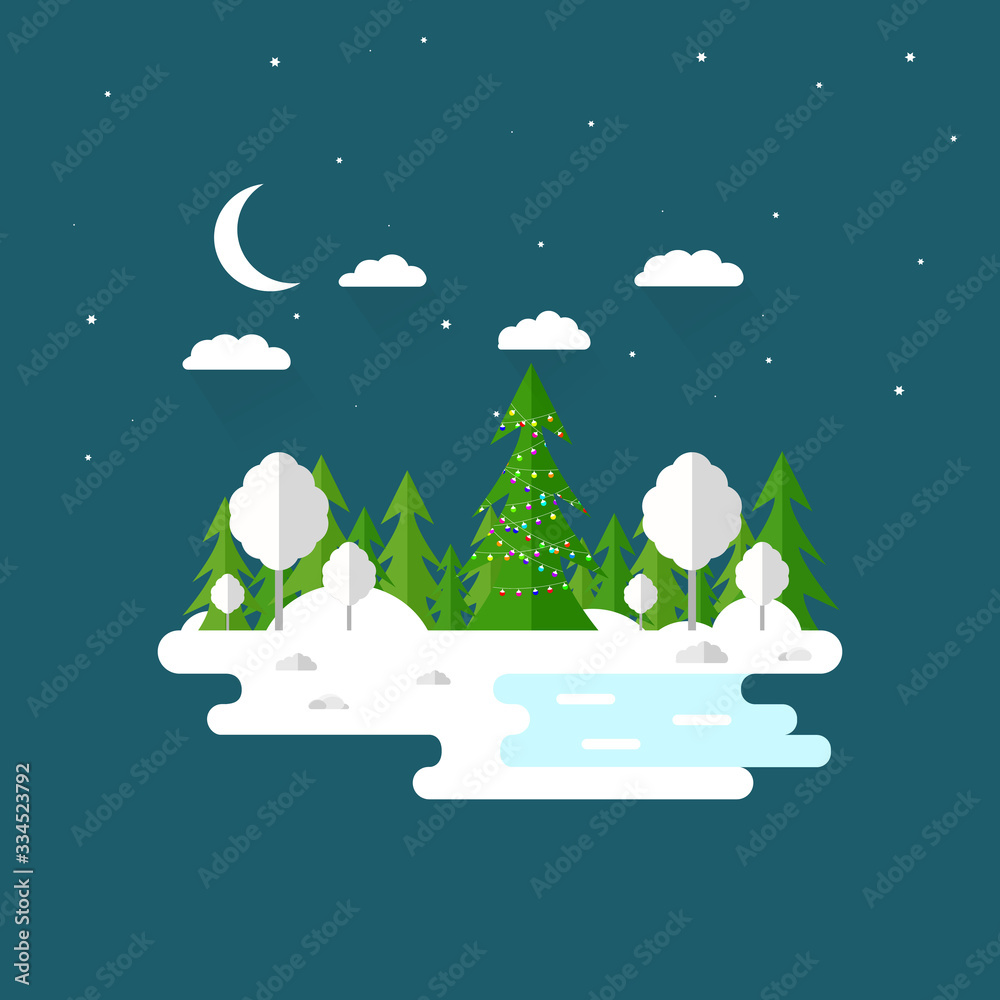 Naklejka premium Illustration of beautiful forest, christmas tree scene. Winter landscape in flat style. Evening, night. Background. Mountains, forest, water, camping, hiking, tourism