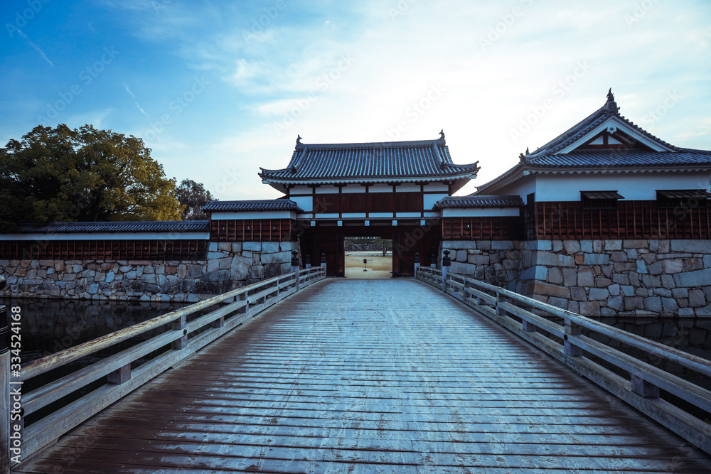 Hiroshima, Japan - January 09, 2020: Inner Buildings in the Black Carp Castle yard Hiroshima, Japan - January 09, 2020: Inner Buildings in the Black Carp Castle yard