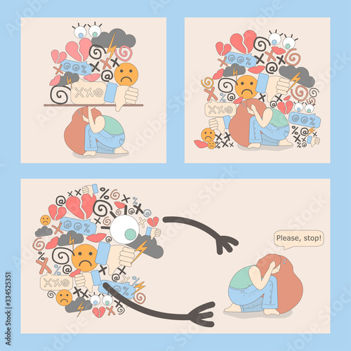 set of illustrations with cyberbullying. online pressure. Posting sexual remarks, or pejorative labels. profanity and sexual harassment. woman is under pressure from profanity and sexual harassment.
