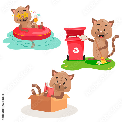 Cute cat character has different activities. Vector flat cat is sunbathing, cleaning streets and staying at home and reading book. Flat set of illustrations on white isolated background.