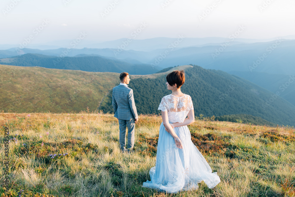 Bride and groom standing in mountains. Outdoor wedding.