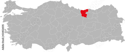 Giresun province highlighted on turkey map vector. Gray background. photo