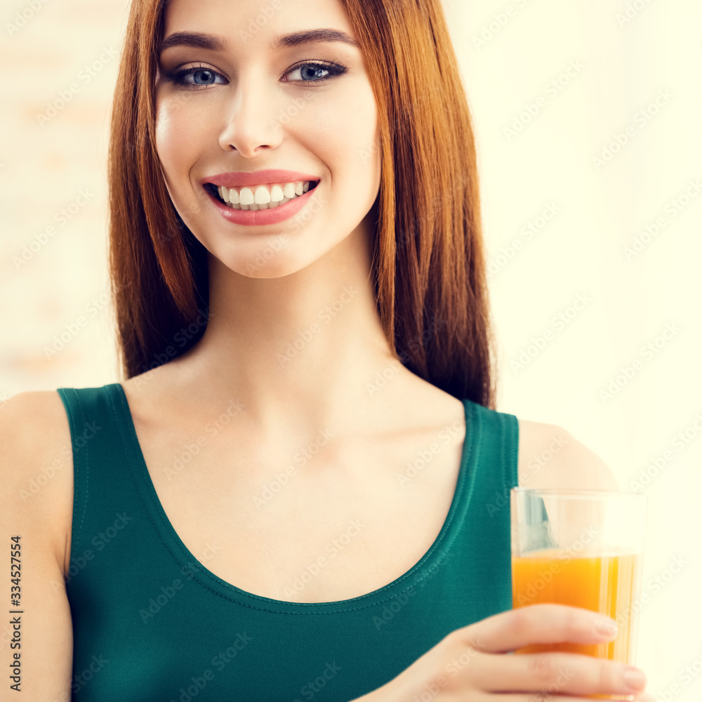 Portrait of happy smiling young attractive woman drinking orange juice. Healthy eating, beauty and dieting concept picture. Weight lossing. Square composition. Portrait of happy smiling young attractive woman drinking orange juice. Healthy eating, beauty and dieting concept picture. Weight lossing. Square composition.