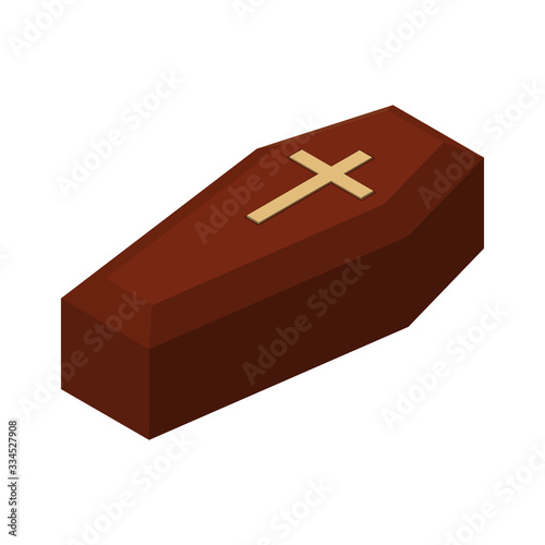 Red closed classical expensive coffin with a cross a wooden casket isometric 3d render. Vector illustration