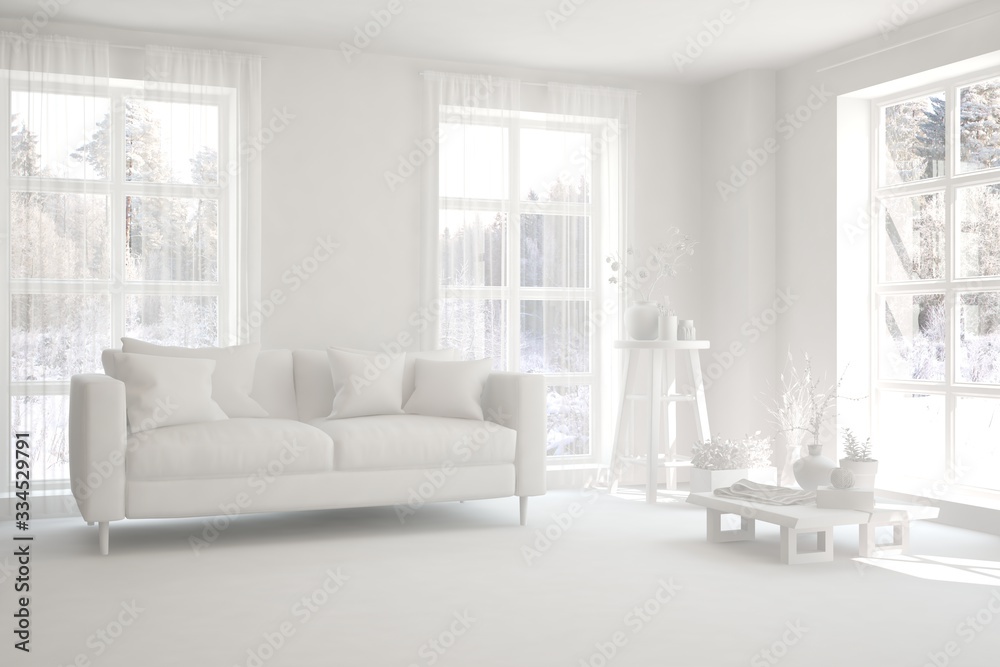 White minimalist living room with sofa. Scandinavian interior design. 3D illustration White minimalist living room with sofa. Scandinavian interior design. 3D illustration
