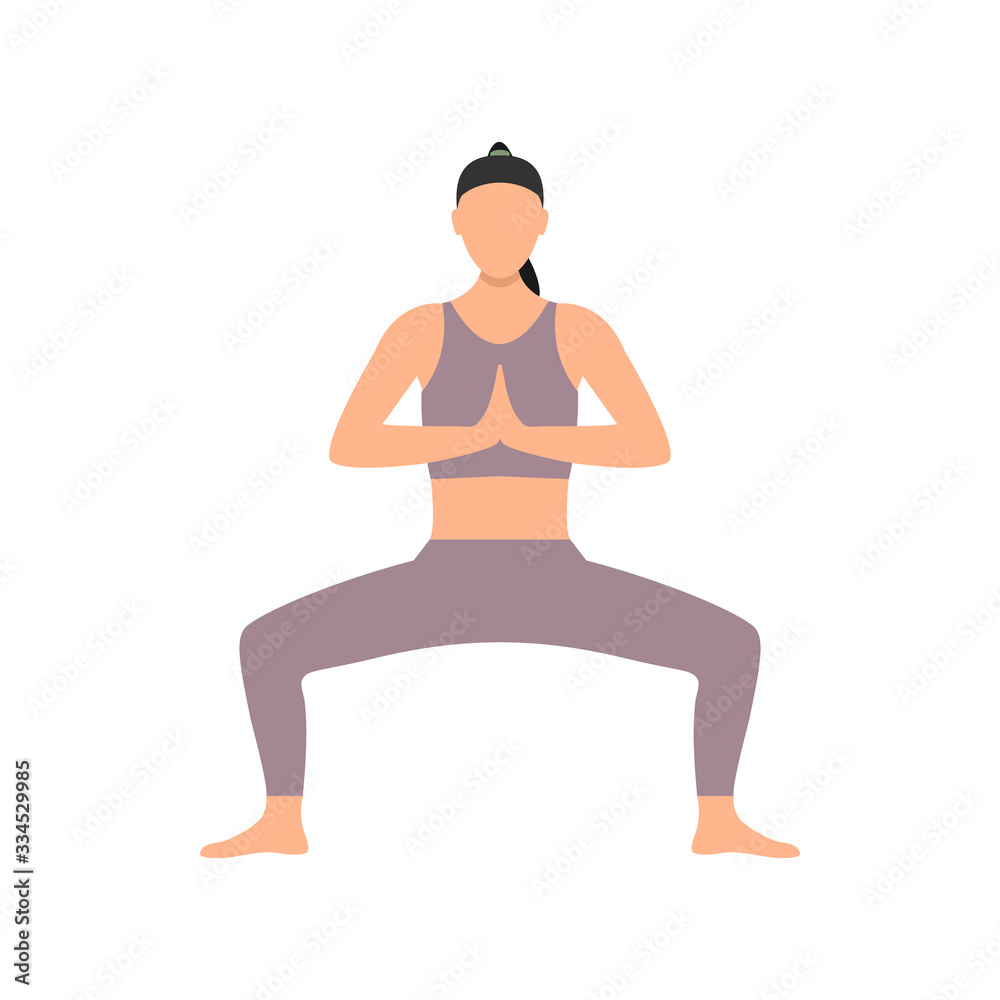 Cartoon girl practicing in yoga pose. Young and happy woman meditates vector illustration isolated on white background Cartoon girl practicing in yoga pose. Young and happy woman meditates vector illustration isolated on white background