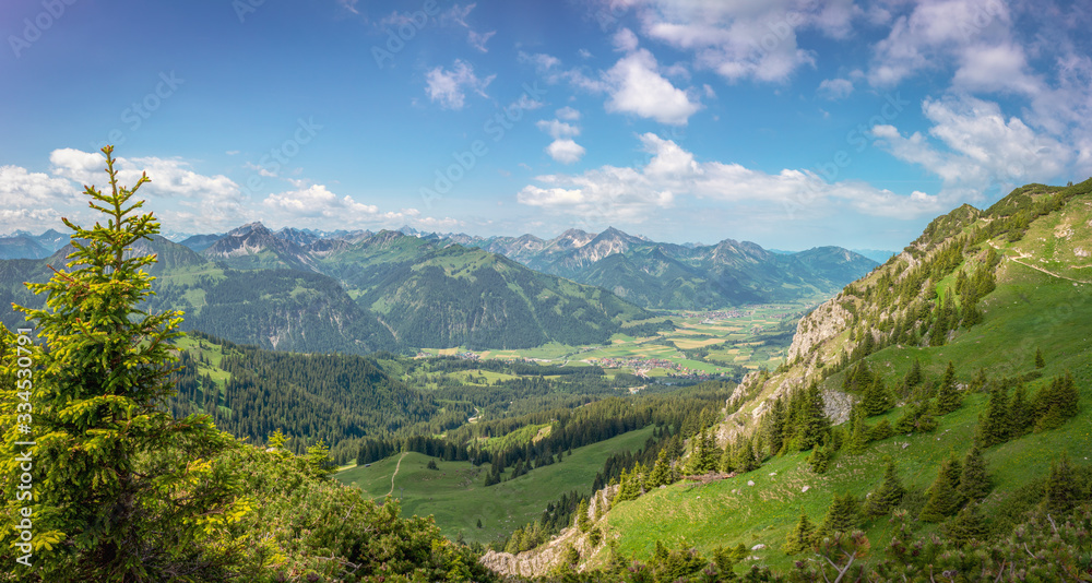 Panoramic view of the Austrian Alps with the Tannheimer valley with its alpine meadows and the forest
