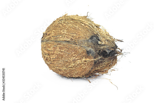 Close up of a rustic coconut in the middle of an isolated white background