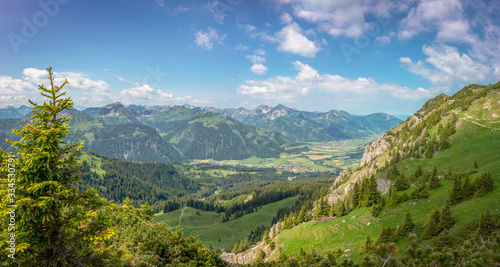 Panoramic view of the Austrian Alps with the Tannheimer valley with its alpine meadows and the forest