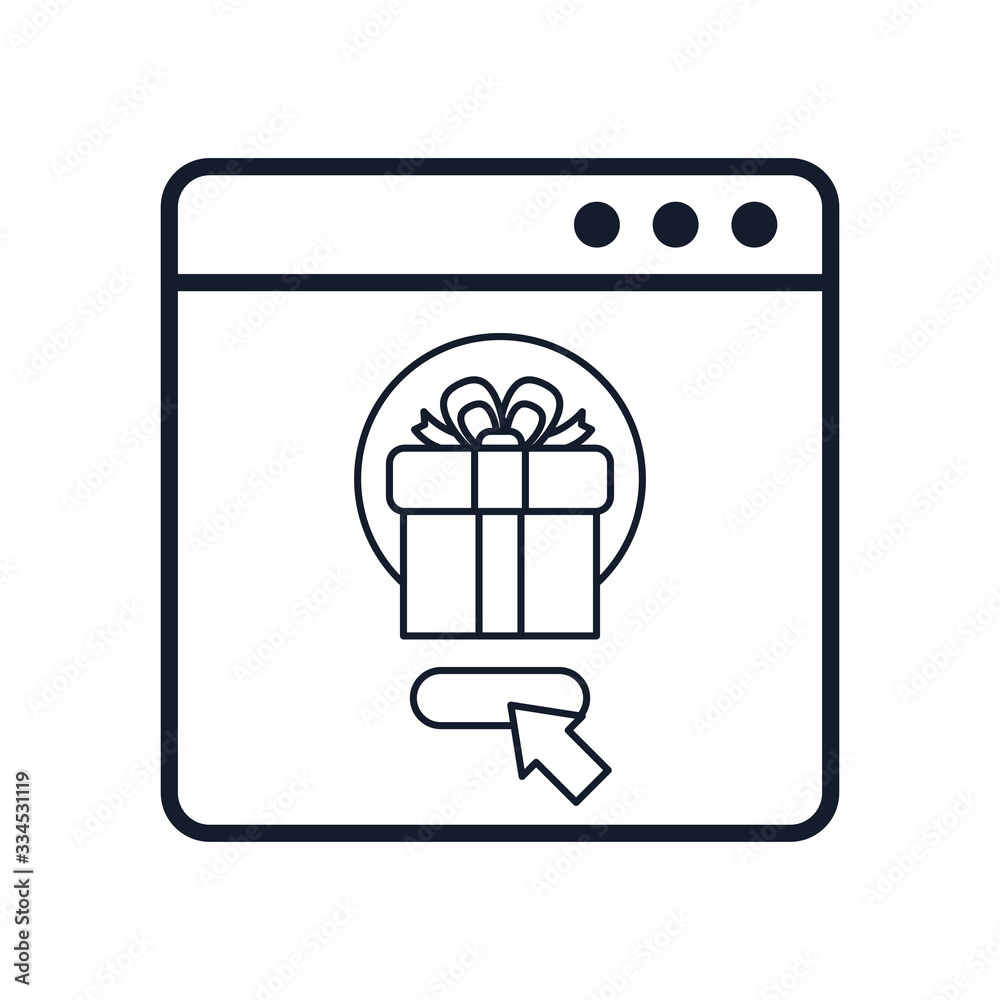 shopping online concept, web page with gift box and cursor icon, line style shopping online concept, web page with gift box and cursor icon, line style