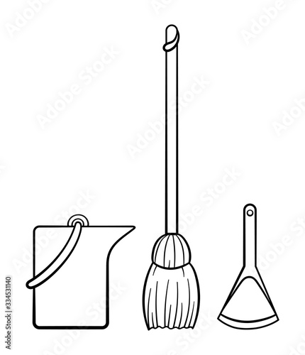 Broom stick, bucket and dustpan for cleaning in black lines on white background
