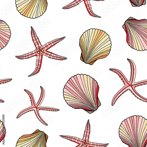 Colored seashells and starfishes seamless pattern. Hand drawn vector illustration of underwater shells and sea stars. Nautical beige and pink elements isolated on white background for cards, decor